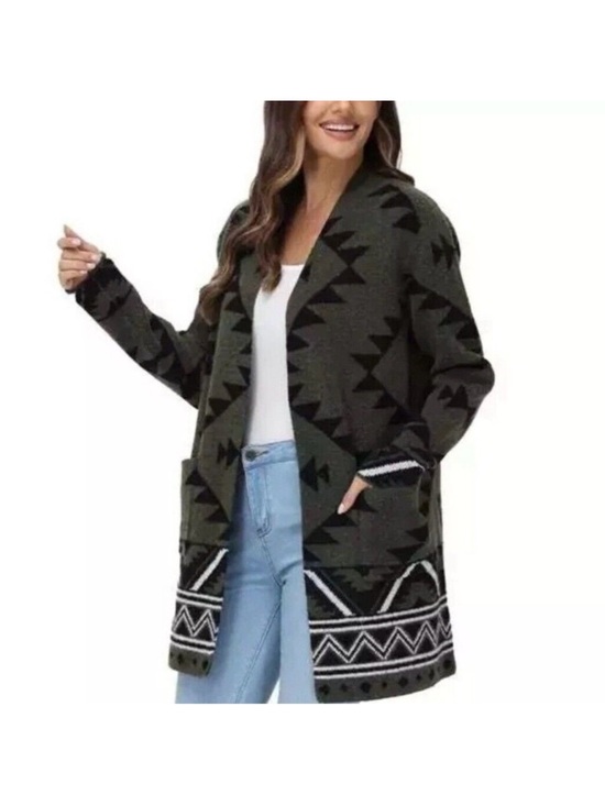 Frye Sweaters - Frye Olive and Black Geometric Open-Front Cardigan